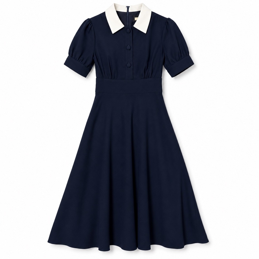 Alexia Admor Navy Blue White Collar Fit & Flare Midi Dress Size 6 Puff Sleeve